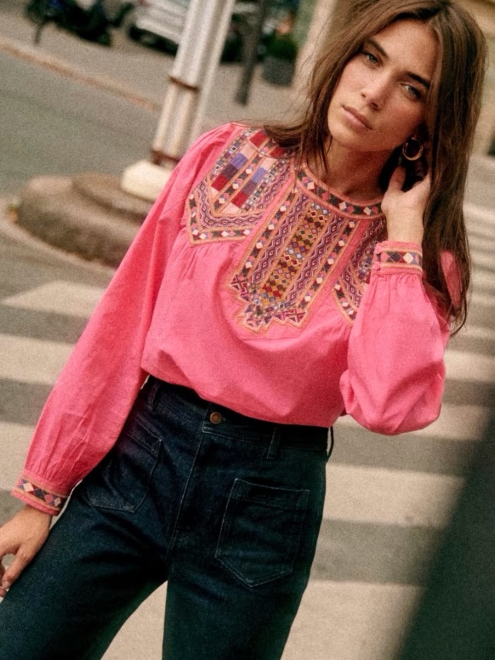 Sezane Pink Embroidered Boho Blouse